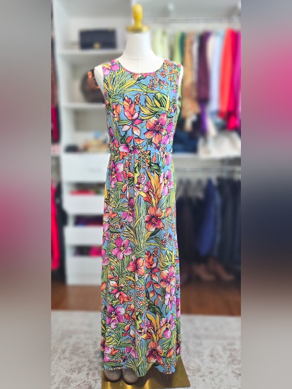 Talbots Size 6- Tropical Floral Maxi Dress - Blue Floral - Picture 4 of 7